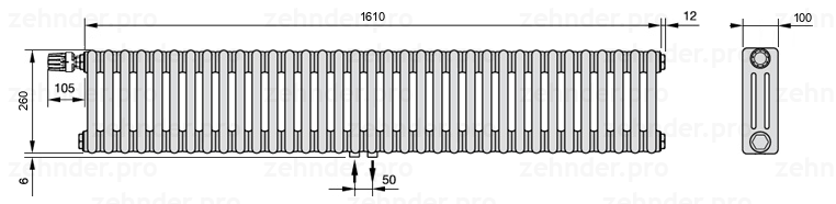 Схема (чертеж) Радиатор Zehnder Charleston 3026/35 №V007 Белый глянцевый RAL 9016